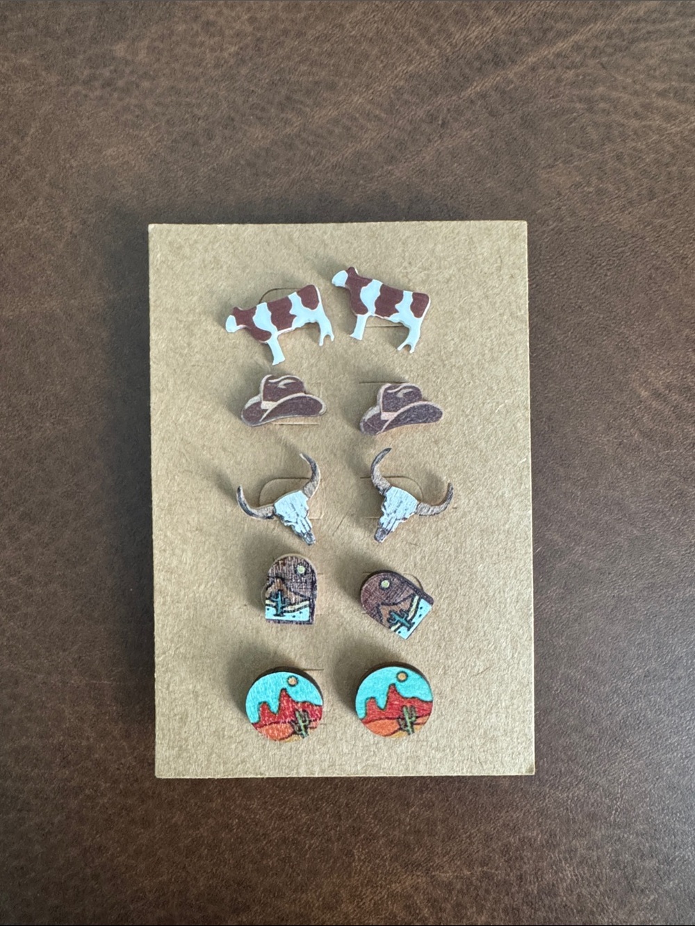 Handmade (Never Worn) Cowboy Themed Earring Set – Brown, Turquoise & Red